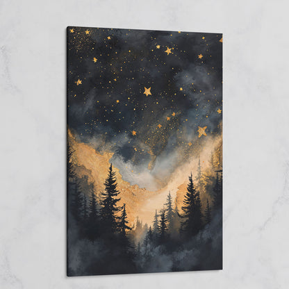 Starry Night Forest Silhouette with Gold Mountains Canvas Art on gallery wrap