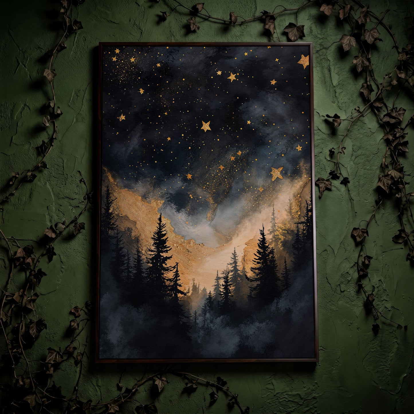 Starry Night Forest Silhouette with Gold Mountains Canvas Art in dark walnut floating frame