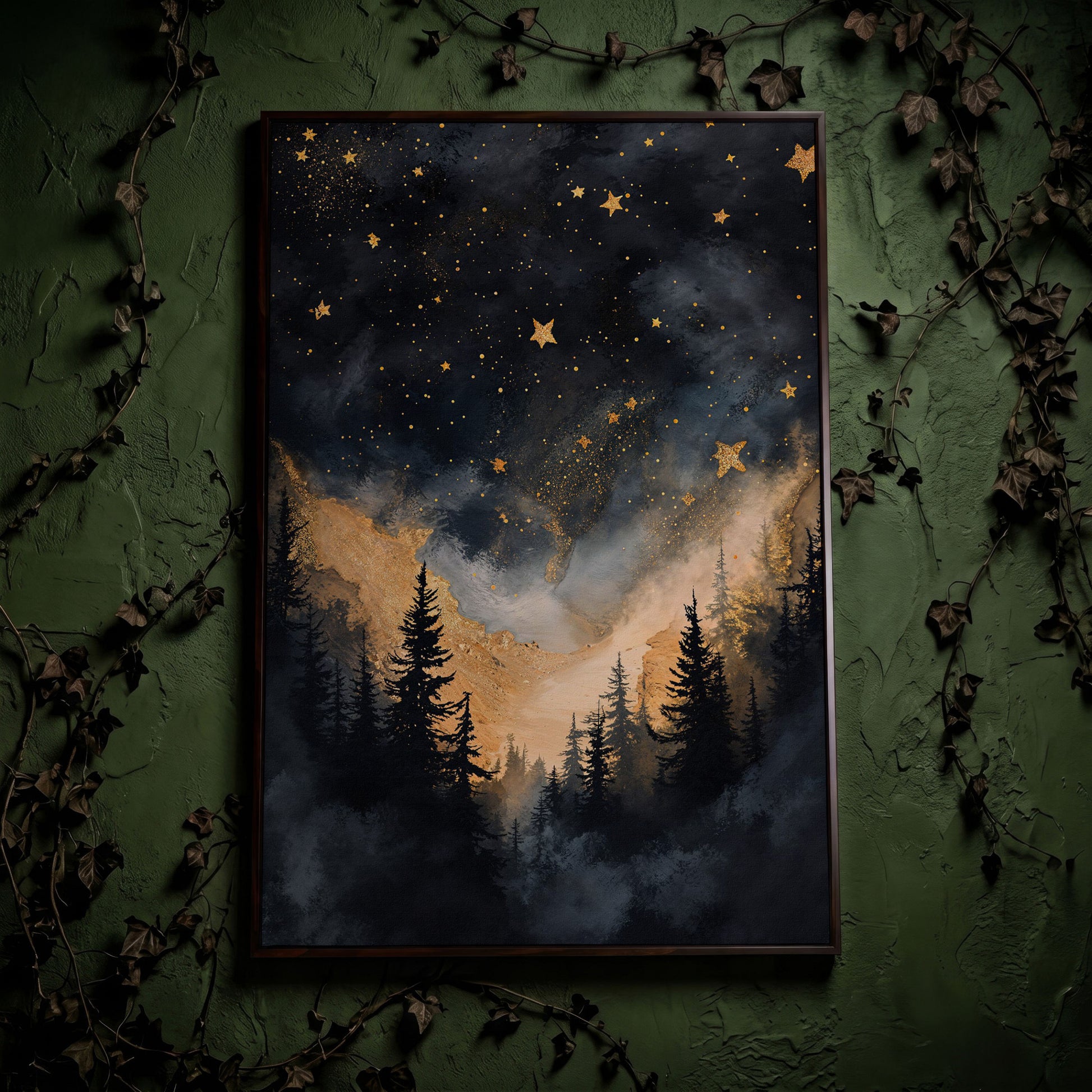 Starry Night Forest Silhouette with Gold Mountains Canvas Art in dark walnut floating frame