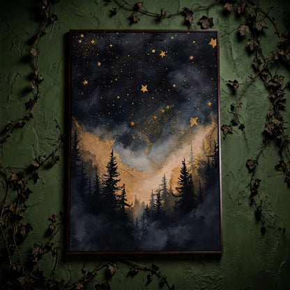 Starry Night Forest Silhouette with Gold Mountains Canvas Art in dark walnut floating frame