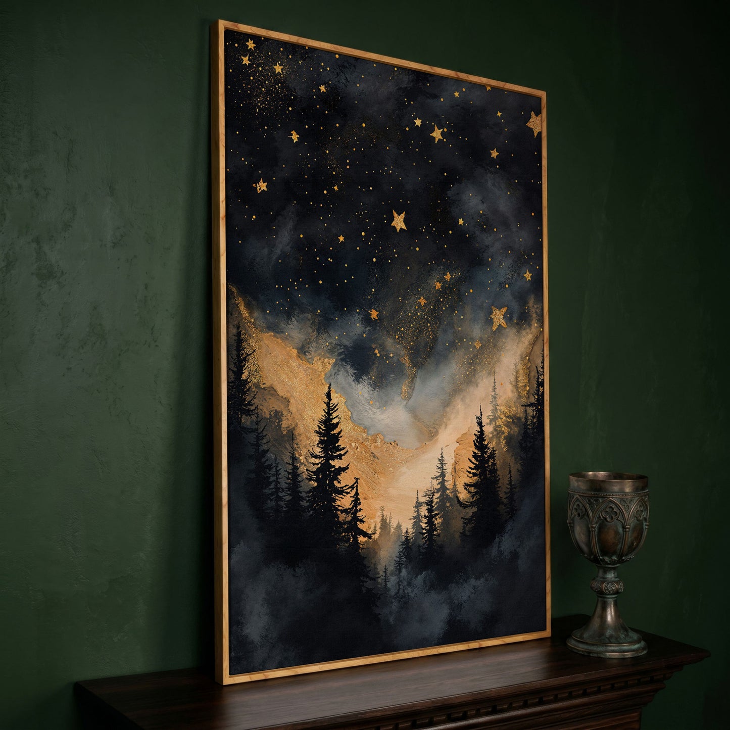 Starry Night Forest Silhouette with Gold Mountains Canvas Art in white oak floating frame
