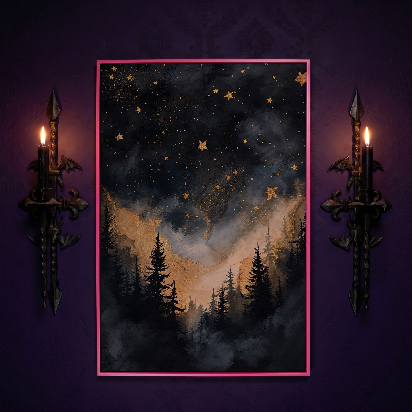 Starry Night Forest Silhouette with Gold Mountains Canvas Art in pink floating frame