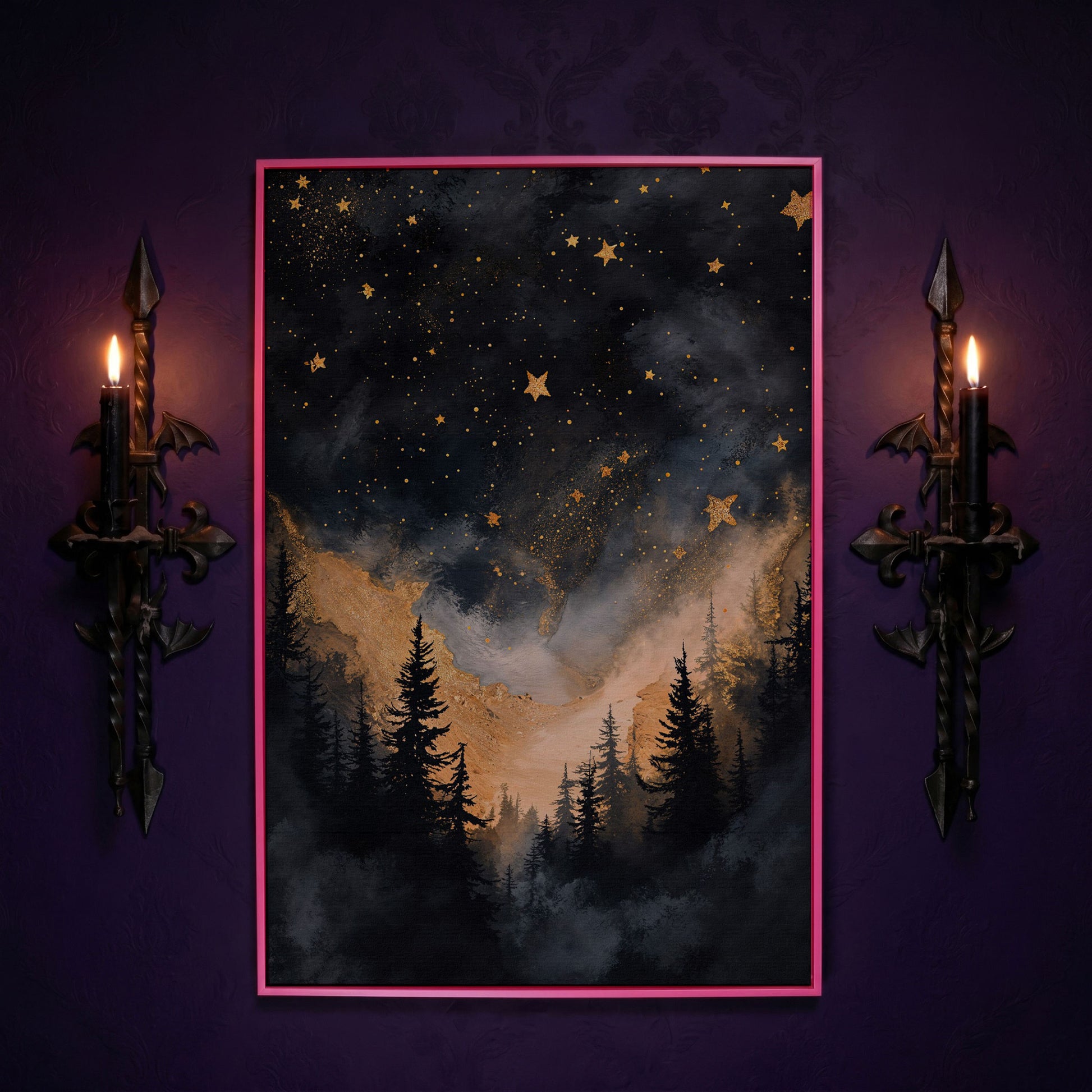 Starry Night Forest Silhouette with Gold Mountains Canvas Art in pink floating frame