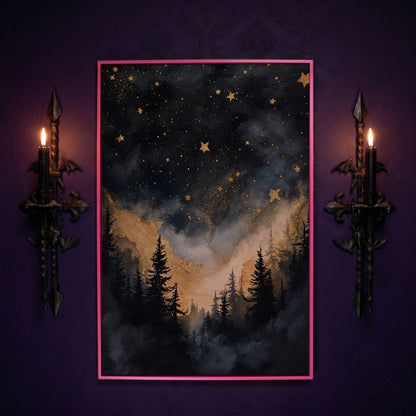 Starry Night Forest Silhouette with Gold Mountains Canvas Art in pink floating frame