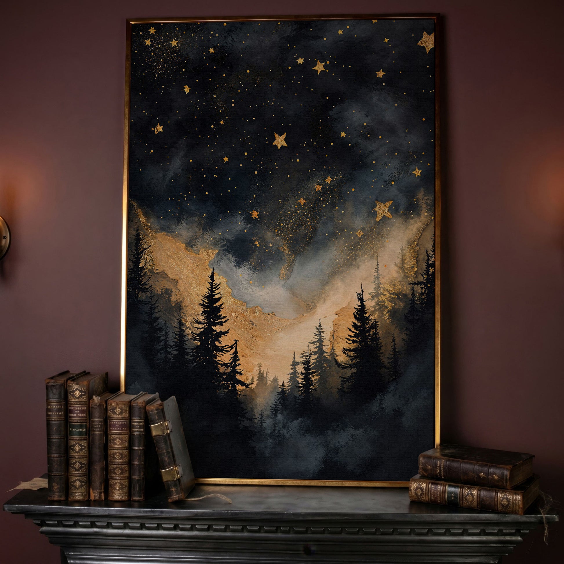 Starry Night Forest Silhouette with Gold Mountains Canvas Art in rose gold floating frame