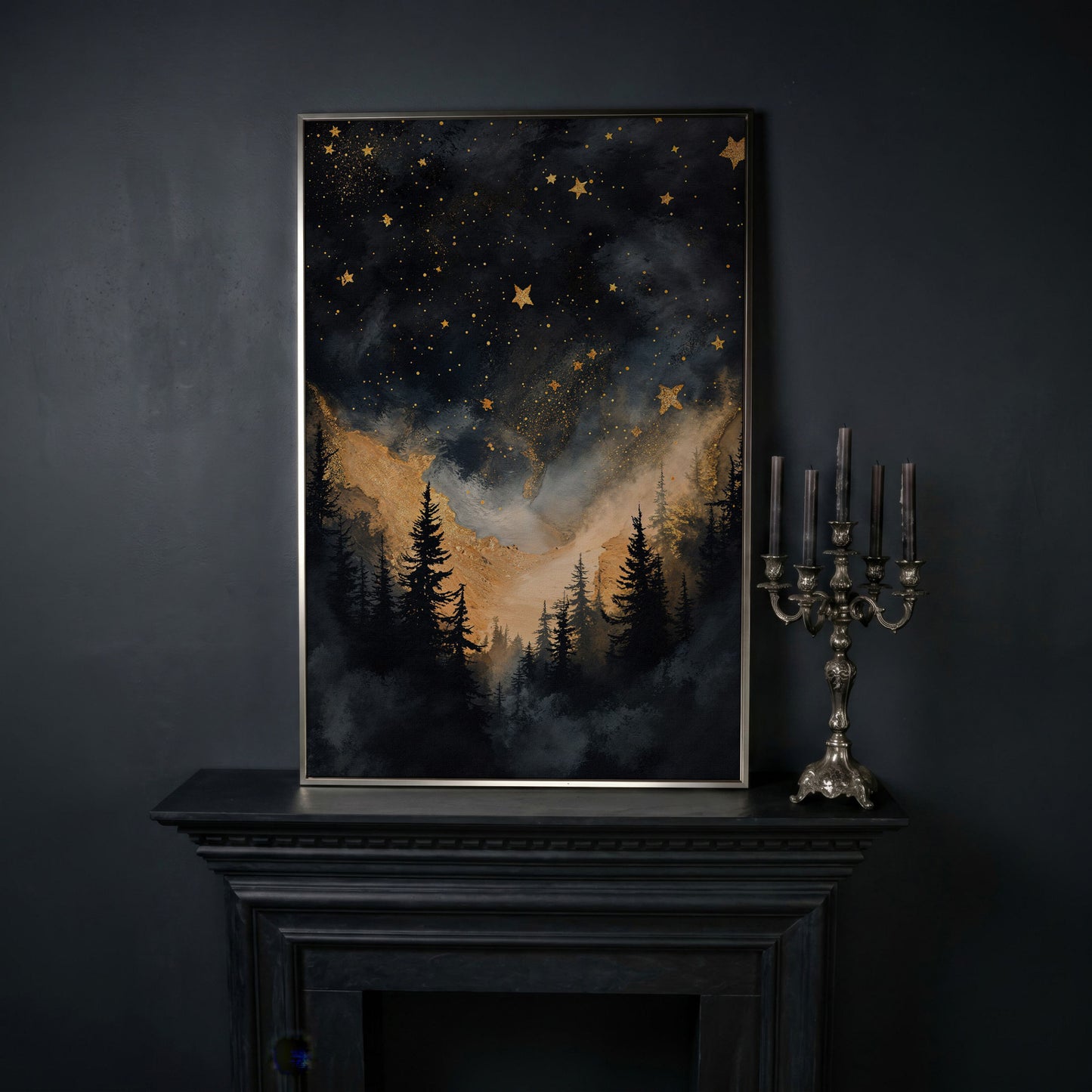 Starry Night Forest Silhouette with Gold Mountains Canvas Art in silver floating frame