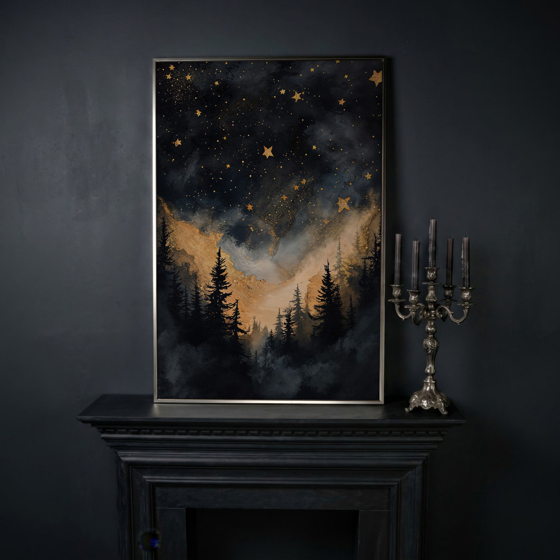 Starry Night Forest Silhouette with Gold Mountains Canvas Art in silver floating frame