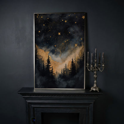 Starry Night Forest Silhouette with Gold Mountains Canvas Art in silver floating frame