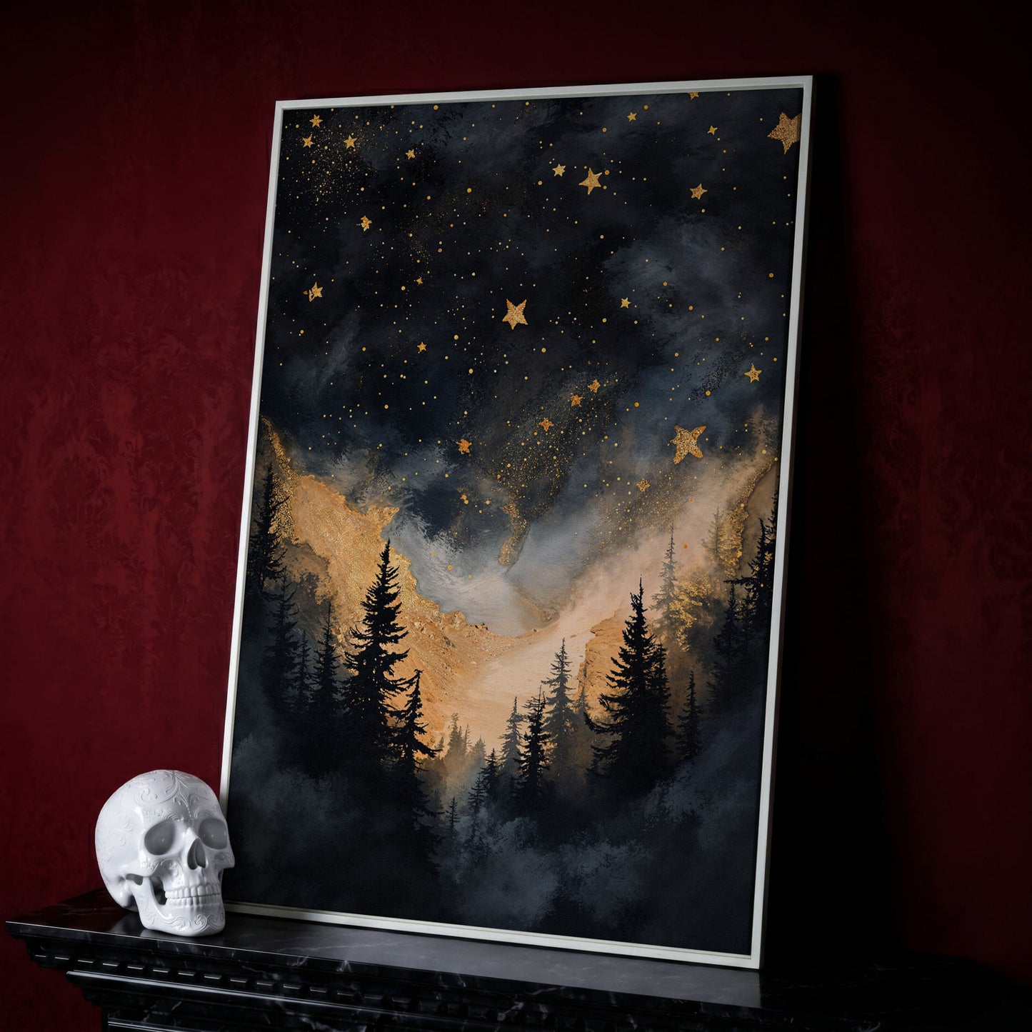 Starry Night Forest Silhouette with Gold Mountains Canvas Art in white floating frame