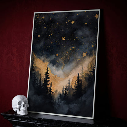Starry Night Forest Silhouette with Gold Mountains Canvas Art in white floating frame