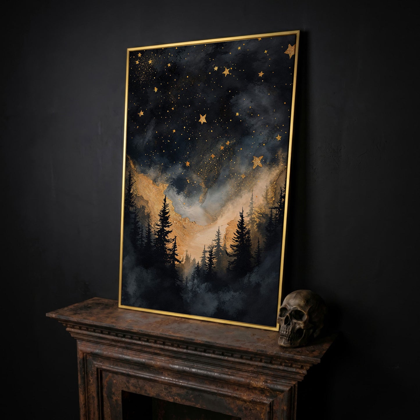Starry Night Forest Silhouette with Gold Mountains Canvas Art in yellow gold floating frame