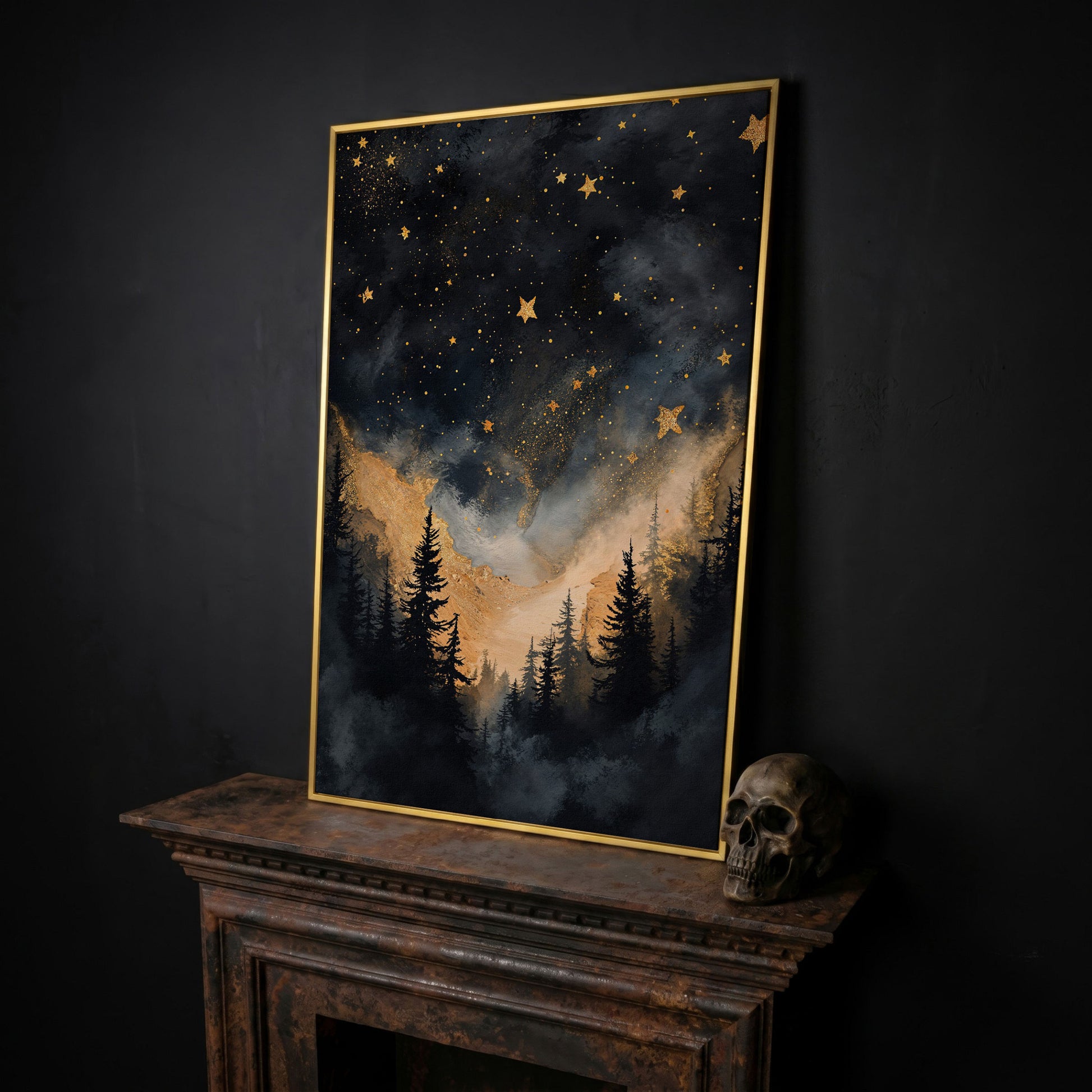 Starry Night Forest Silhouette with Gold Mountains Canvas Art in yellow gold floating frame