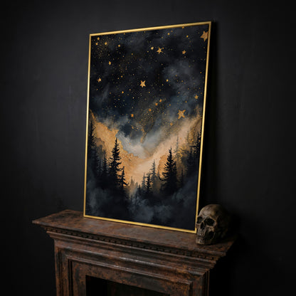 Starry Night Forest Silhouette with Gold Mountains Canvas Art in yellow gold floating frame