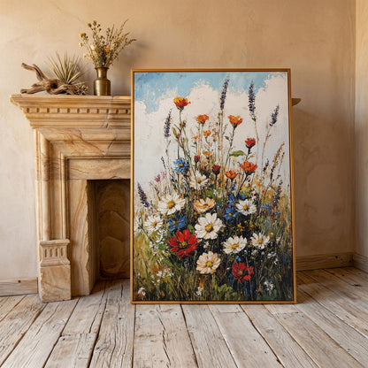 Wildflower Bouquet Canvas Art: Daisies, Lavender and Garden Blooms in antique gold floating frame