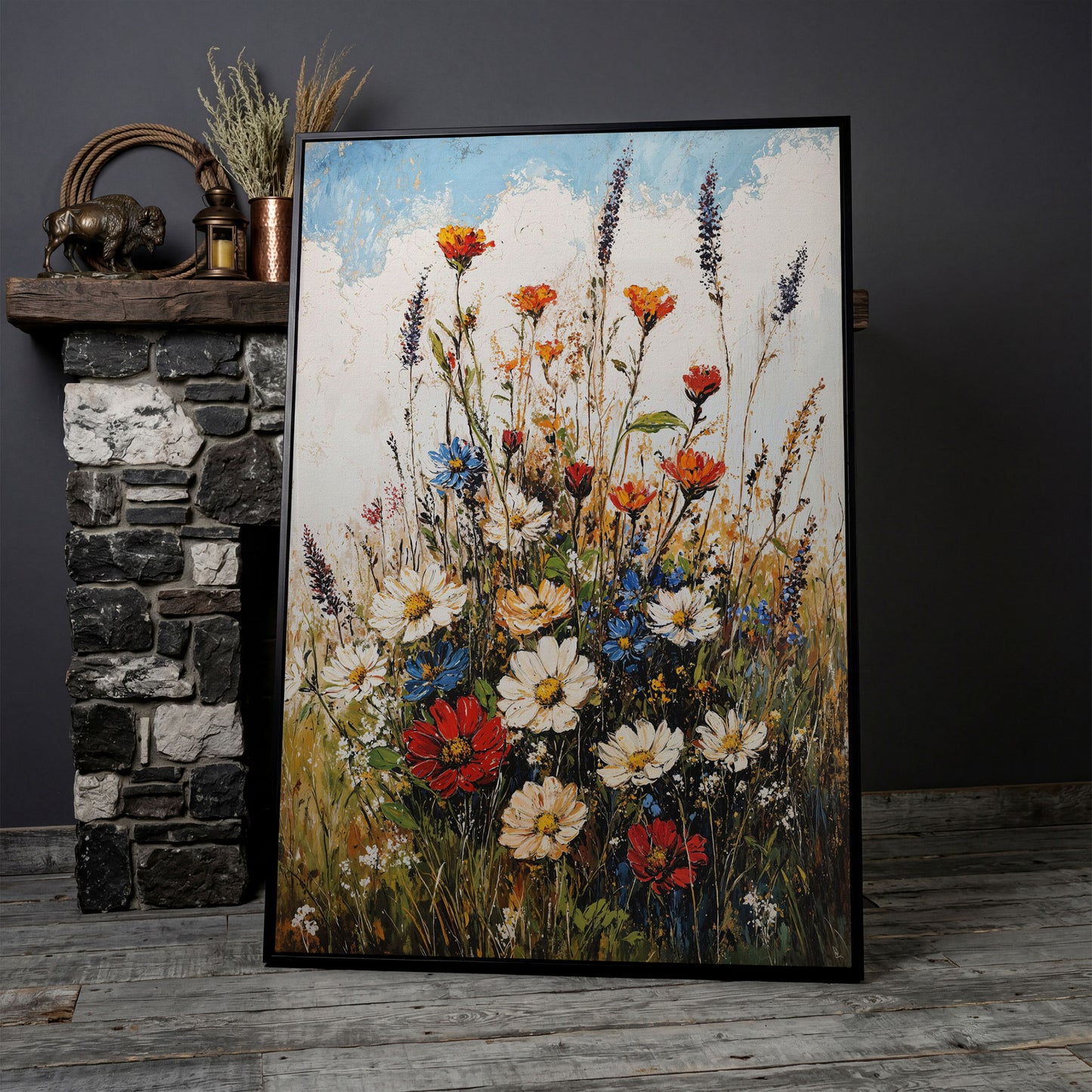 Wildflower Bouquet Canvas Art: Daisies, Lavender and Garden Blooms in black floating frame