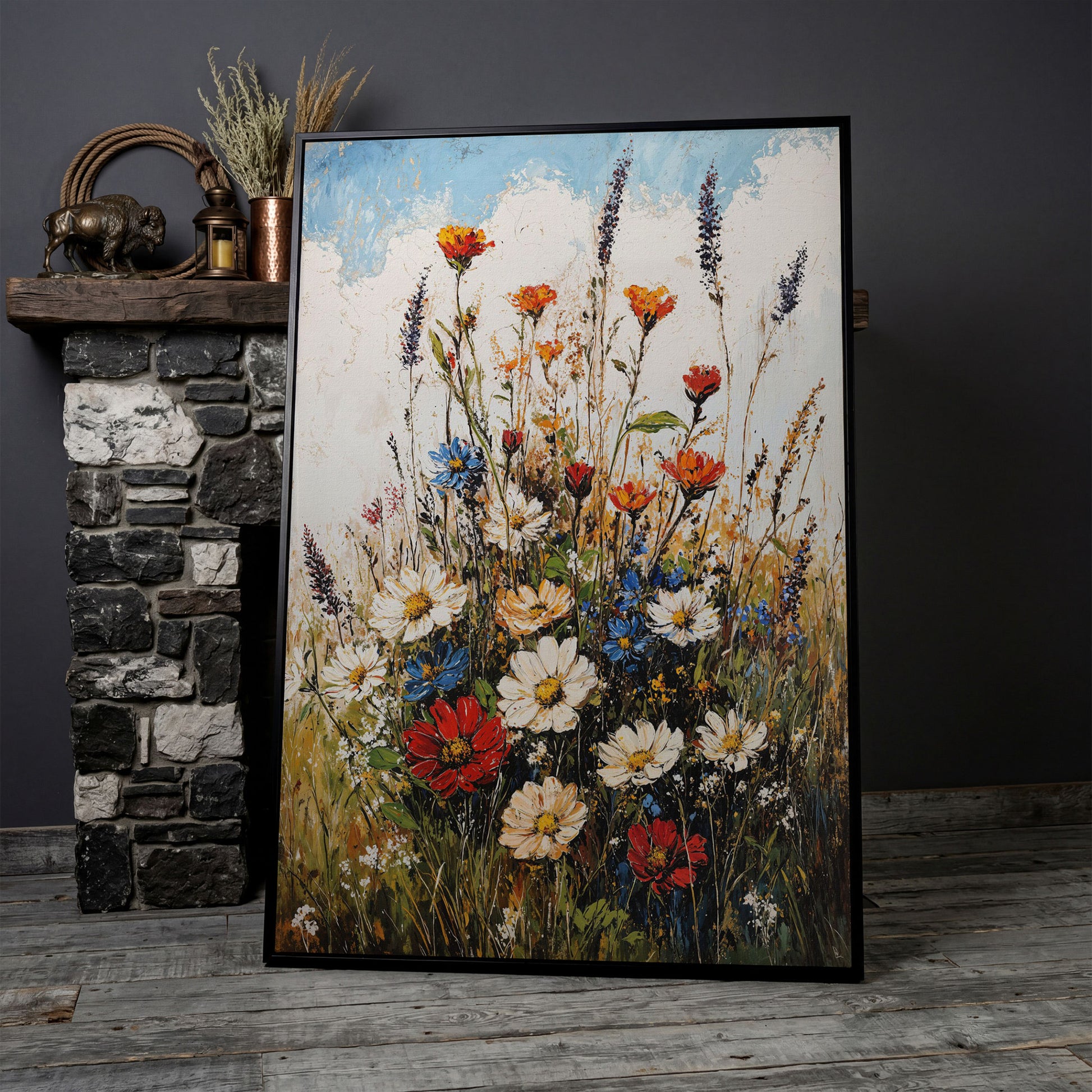Wildflower Bouquet Canvas Art: Daisies, Lavender and Garden Blooms in black floating frame