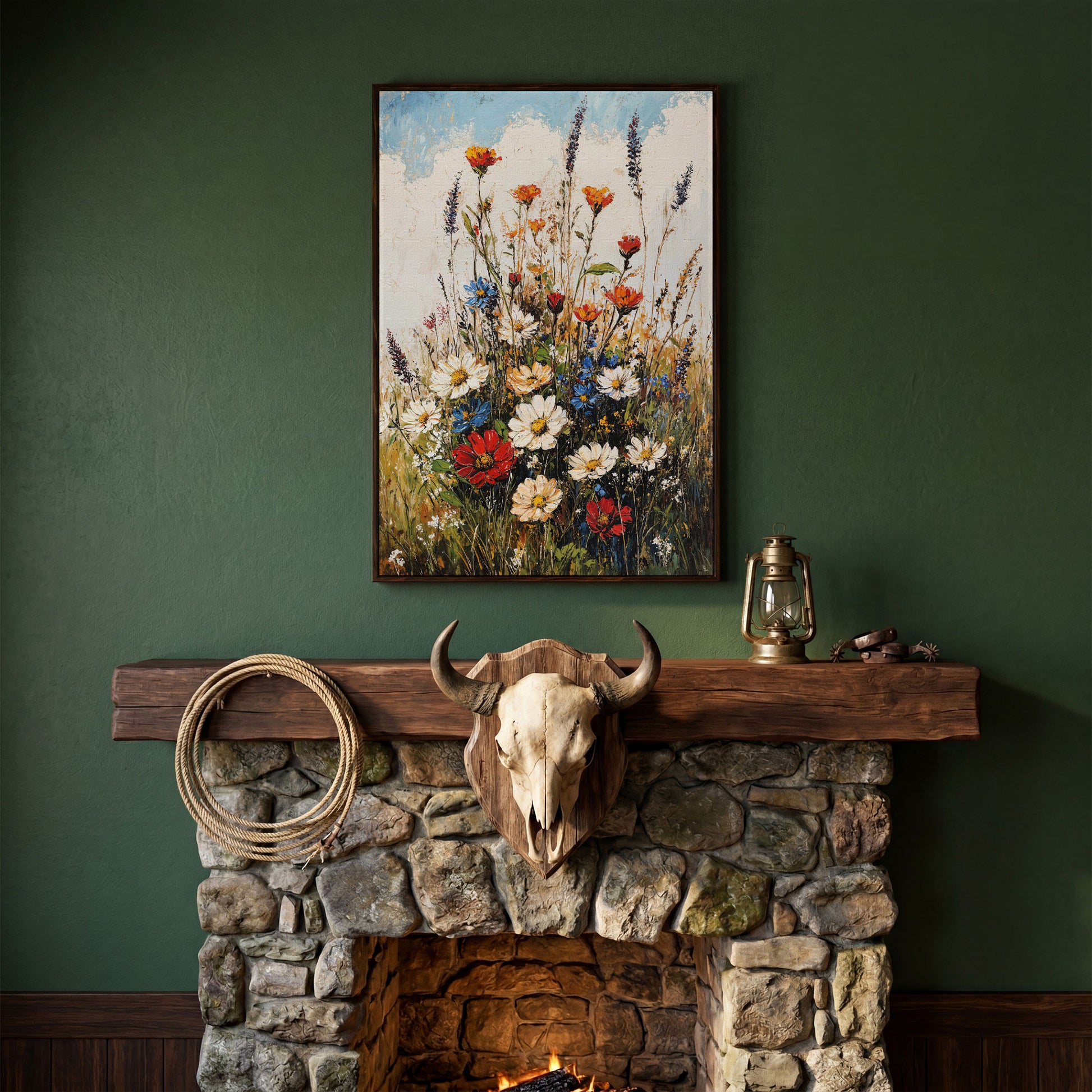 Wildflower Bouquet Canvas Art: Daisies, Lavender and Garden Blooms in dark walnut floating frame