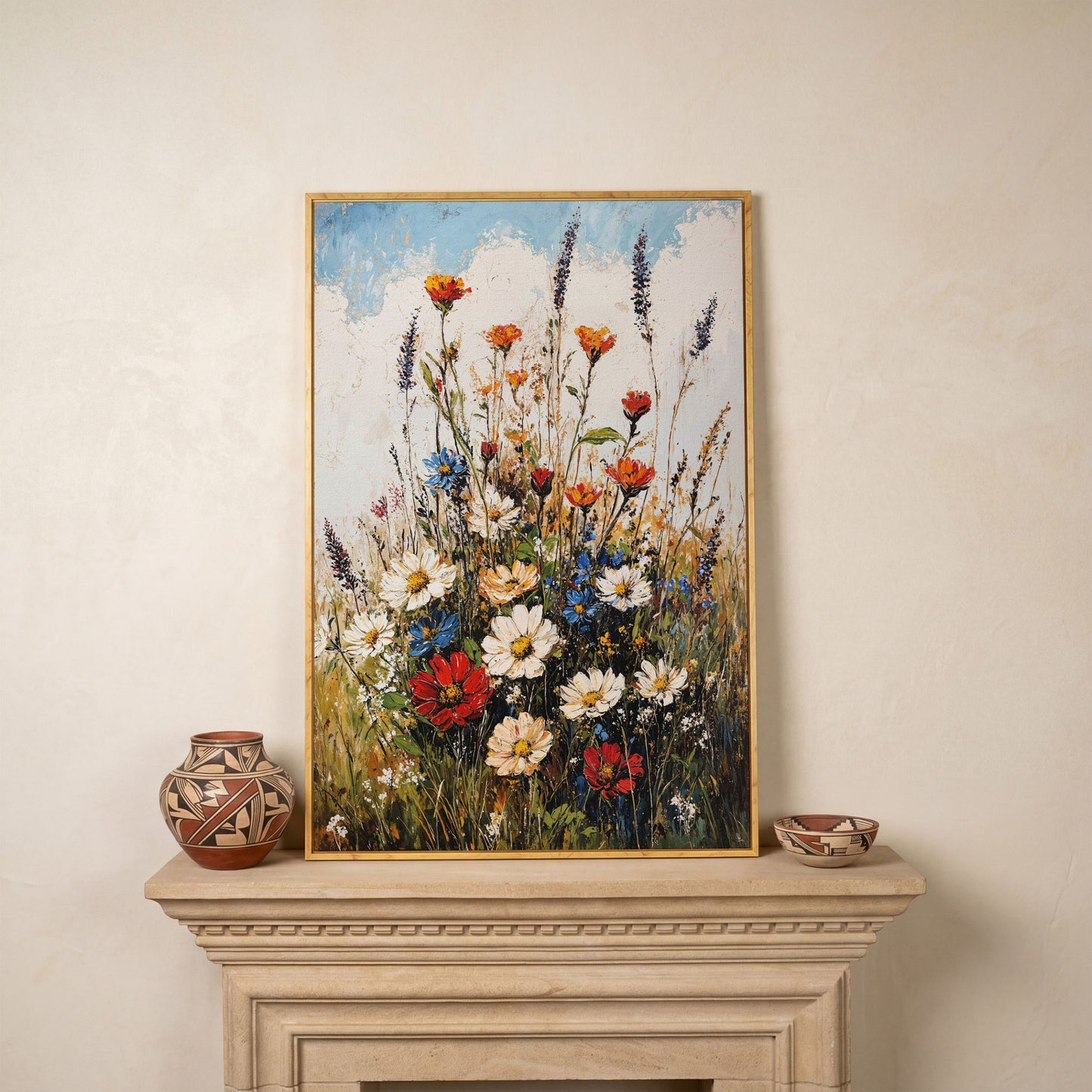 Wildflower Bouquet Canvas Art: Daisies, Lavender and Garden Blooms in white oak floating frame