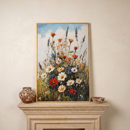 Wildflower Bouquet Canvas Art: Daisies, Lavender and Garden Blooms in white oak floating frame
