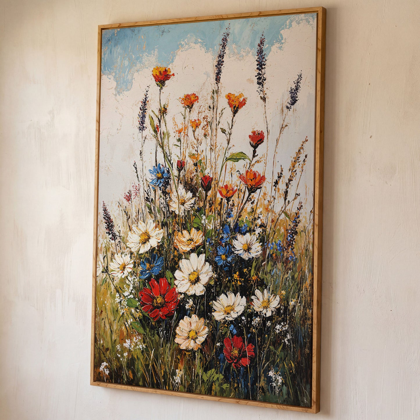 Wildflower Bouquet Canvas Art: Daisies, Lavender and Garden Blooms shown in white oak floating frame