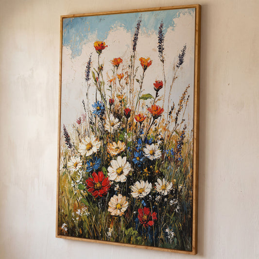 Wildflower Bouquet Canvas Art: Daisies, Lavender and Garden Blooms shown in white oak floating frame