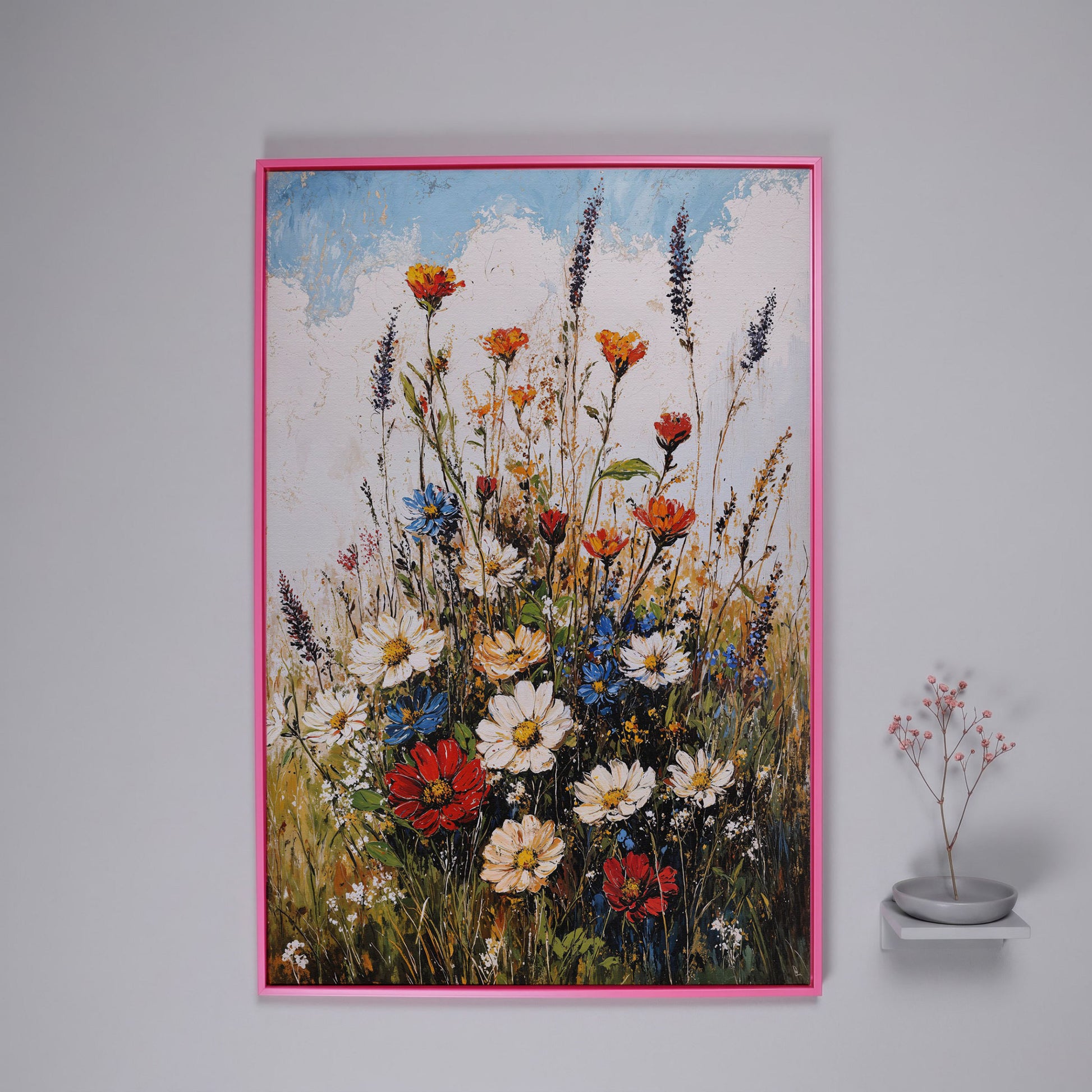 Wildflower Bouquet Canvas Art: Daisies, Lavender and Garden Blooms in pink floating frame