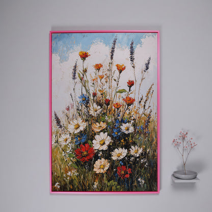 Wildflower Bouquet Canvas Art: Daisies, Lavender and Garden Blooms in pink floating frame