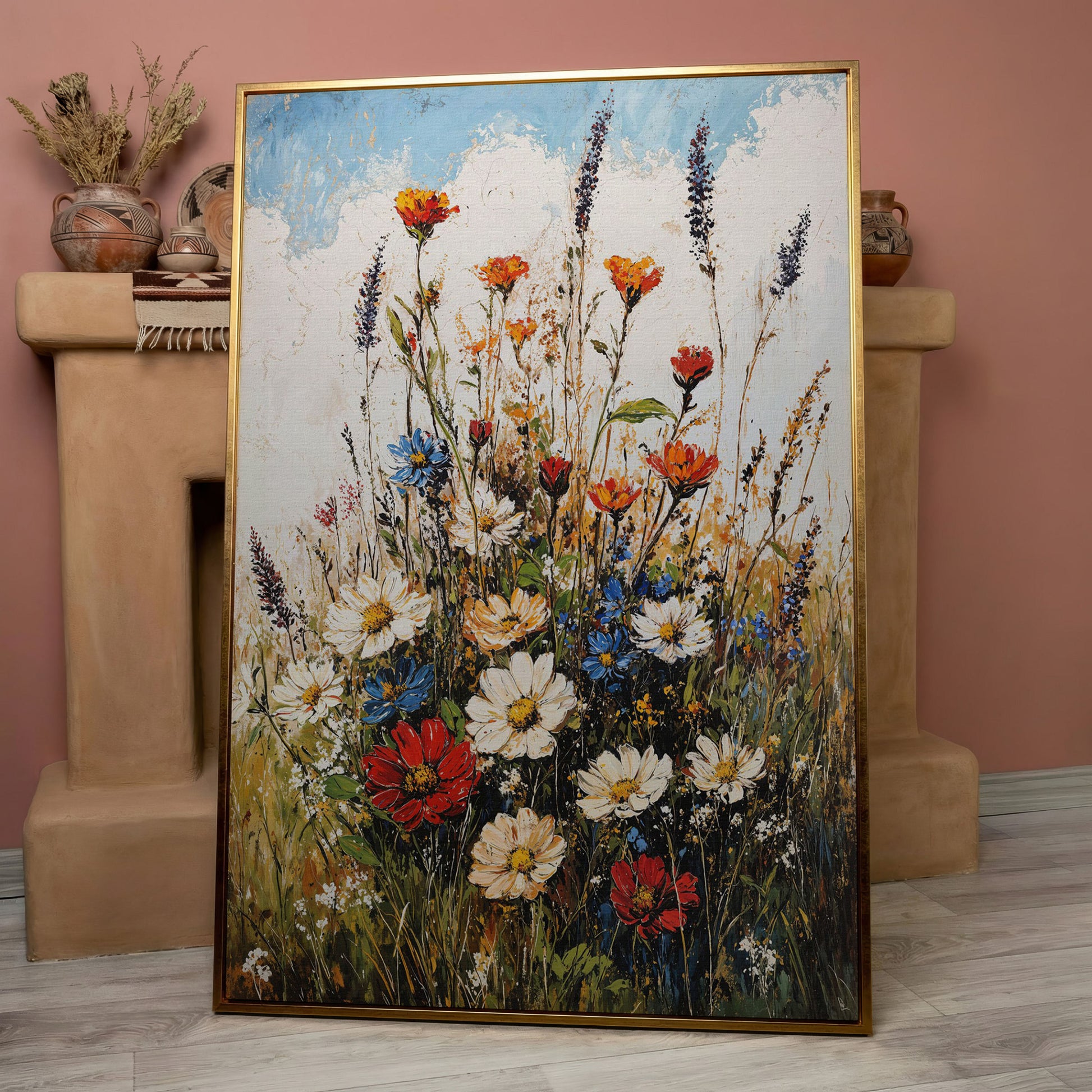 Wildflower Bouquet Canvas Art: Daisies, Lavender and Garden Blooms in rose gold floating frame