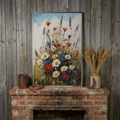 Wildflower Bouquet Canvas Art: Daisies, Lavender and Garden Blooms in silver floating frame