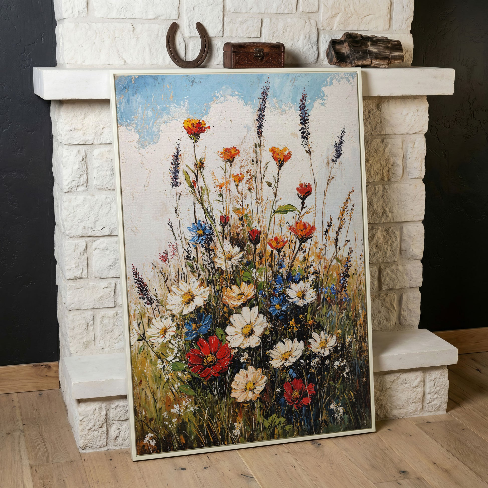 Wildflower Bouquet Canvas Art: Daisies, Lavender and Garden Blooms in white floating frame