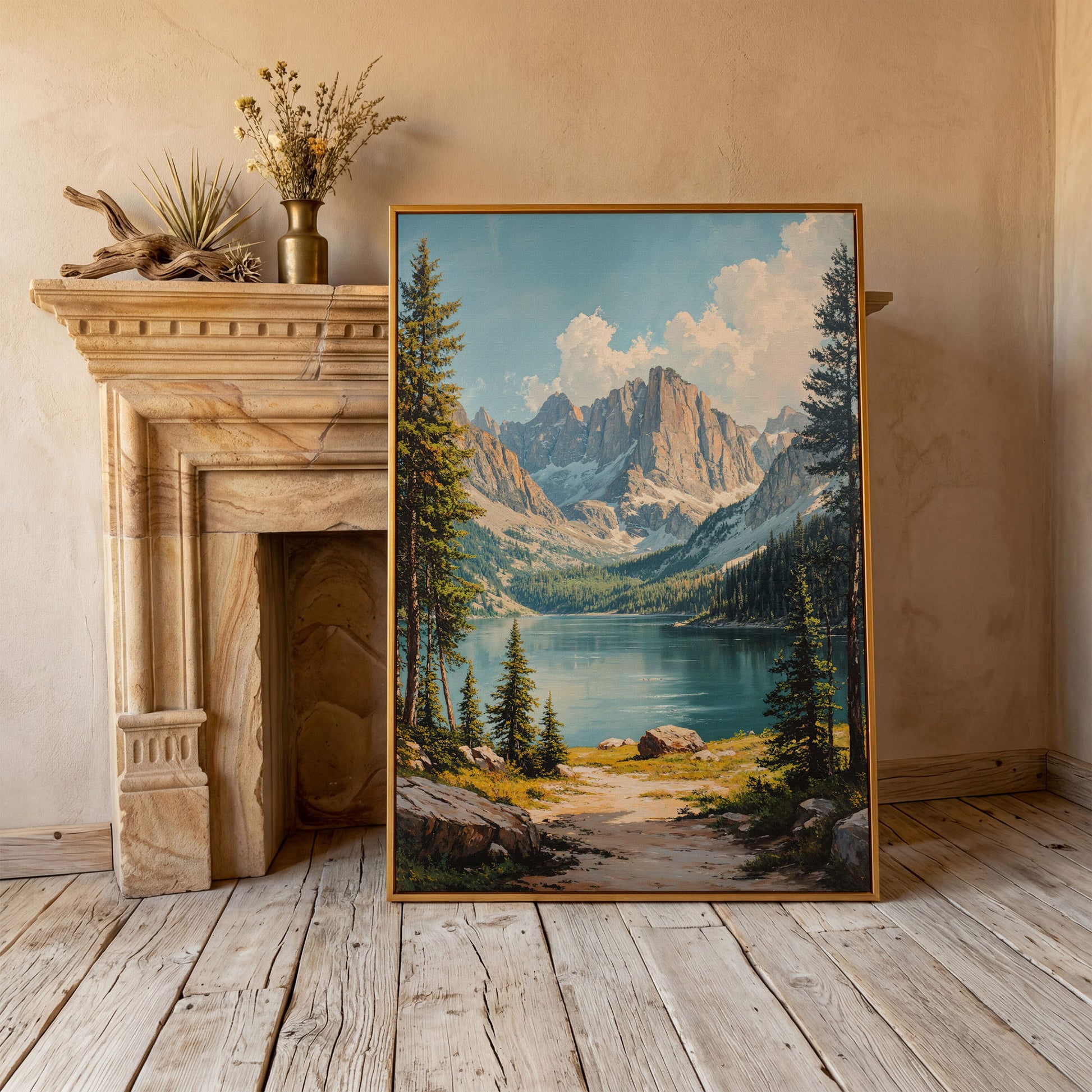 Mountain Lake Canvas with Pine Forest Path in antique gold floating frame