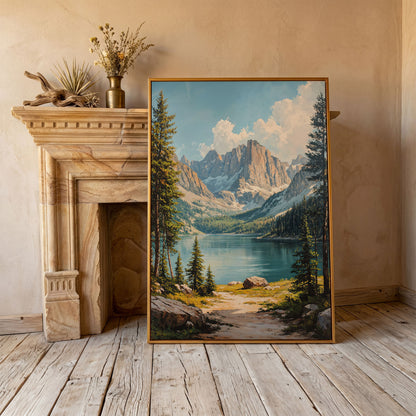 Mountain Lake Canvas with Pine Forest Path in antique gold floating frame