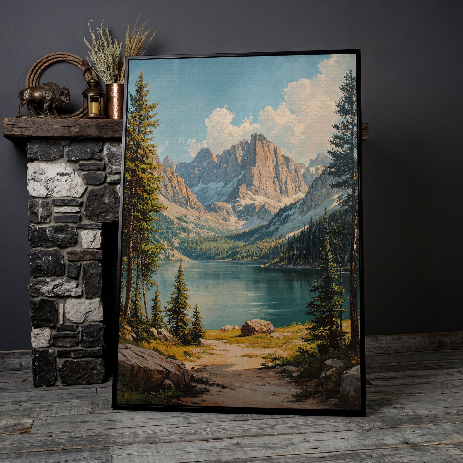 Mountain Lake Canvas with Pine Forest Path in black floating frame