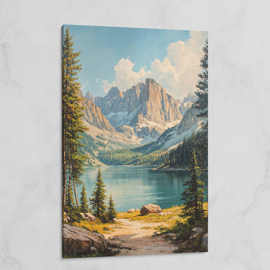 Mountain Lake Canvas with Pine Forest Path on gallery wrap