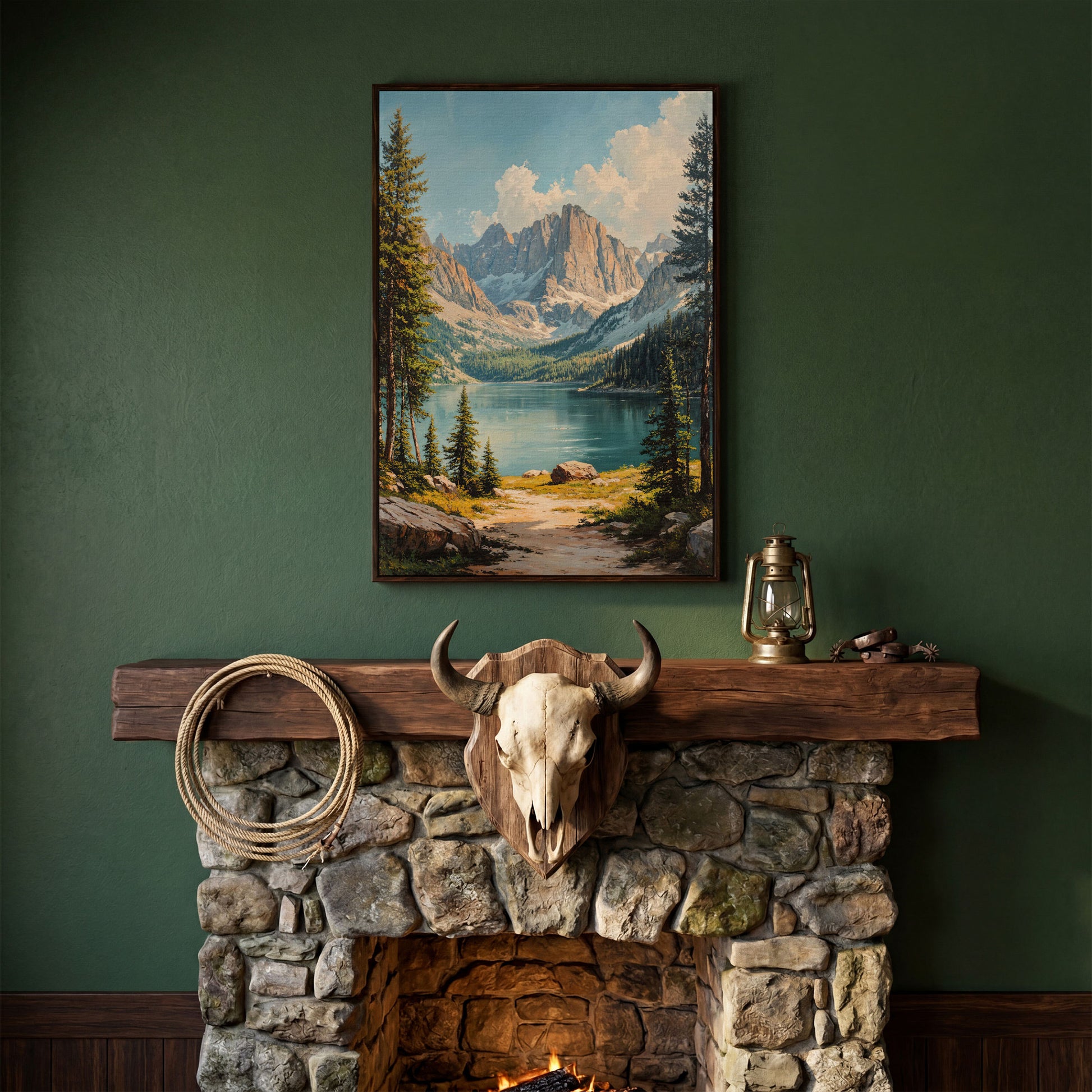 Mountain Lake Canvas with Pine Forest Path in dark walnut floating frame