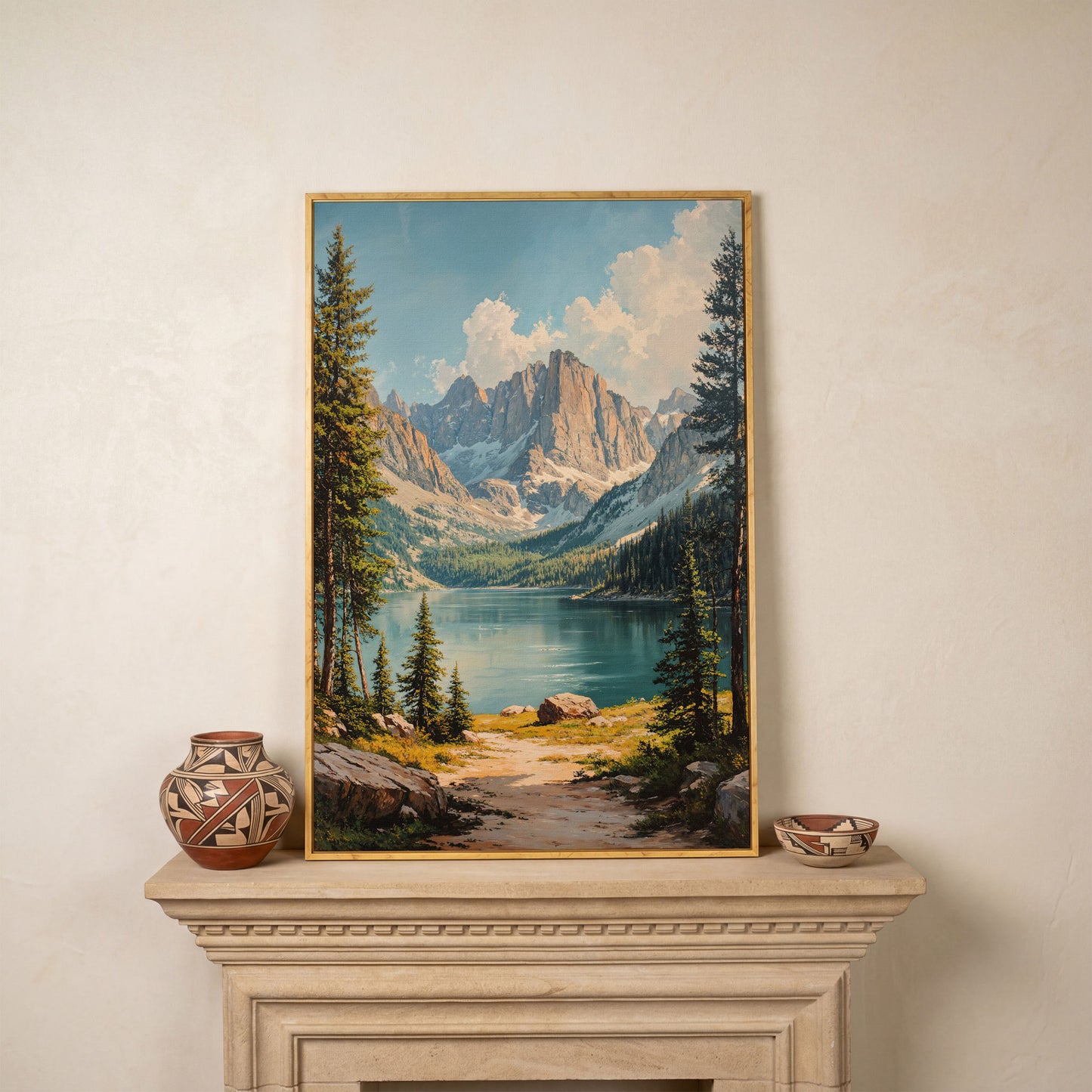 Mountain Lake Canvas with Pine Forest Path in white oak floating frame