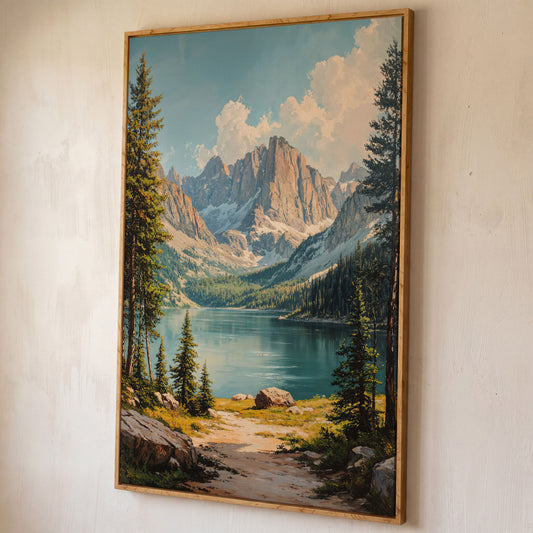 Mountain Lake Canvas with Pine Forest Path shown in white oak floating frame
