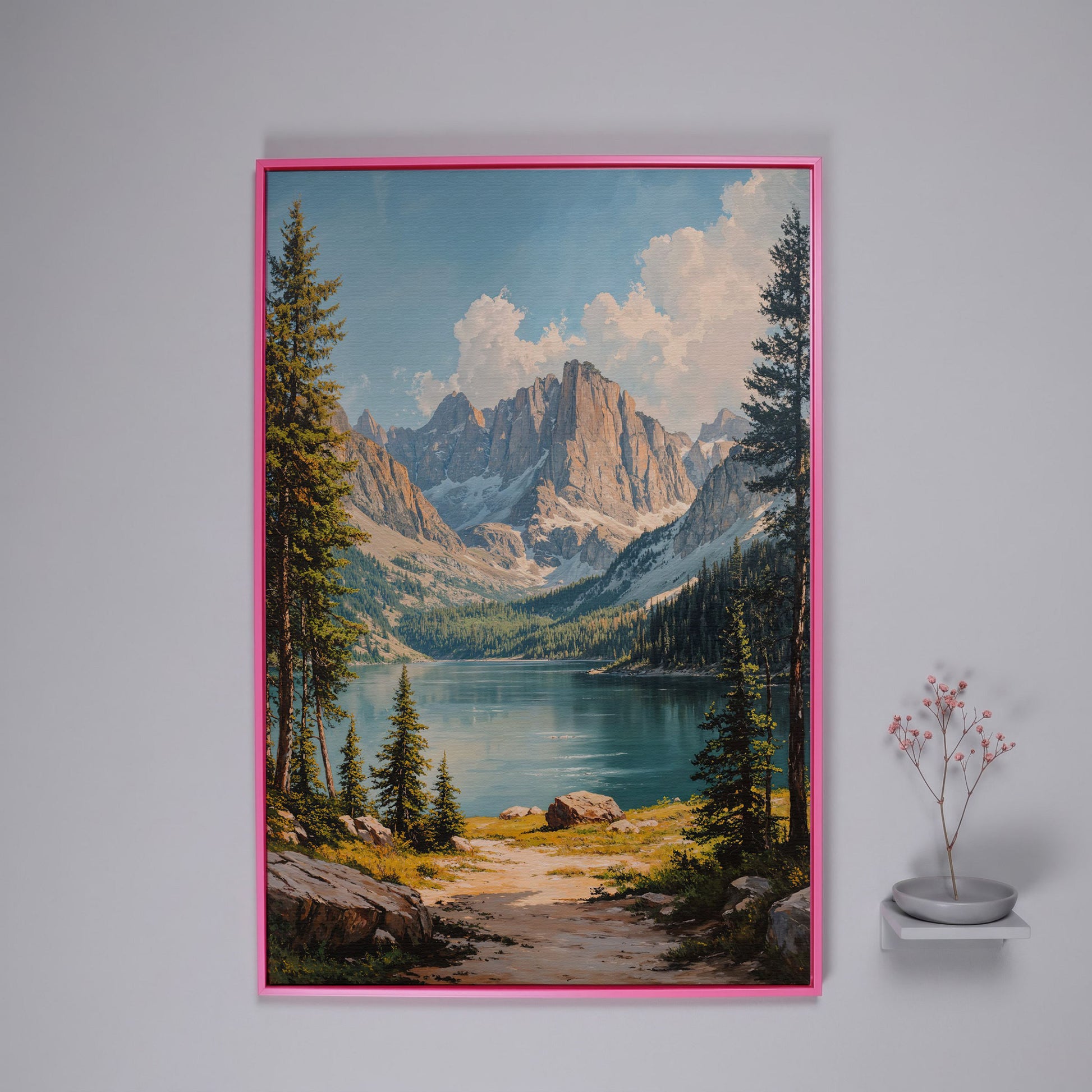 Mountain Lake Canvas with Pine Forest Path in pink floating frame