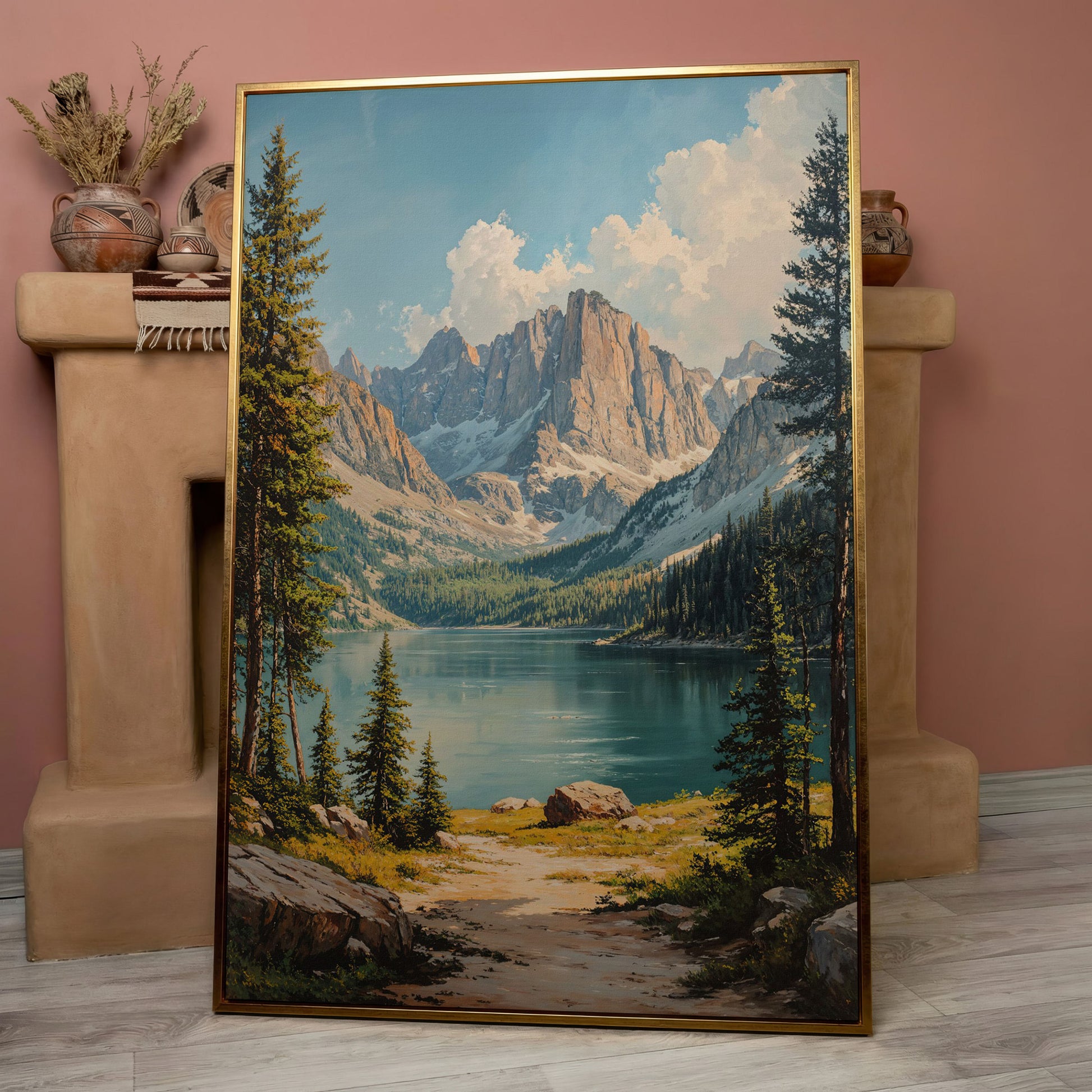 Mountain Lake Canvas with Pine Forest Path in rose gold floating frame