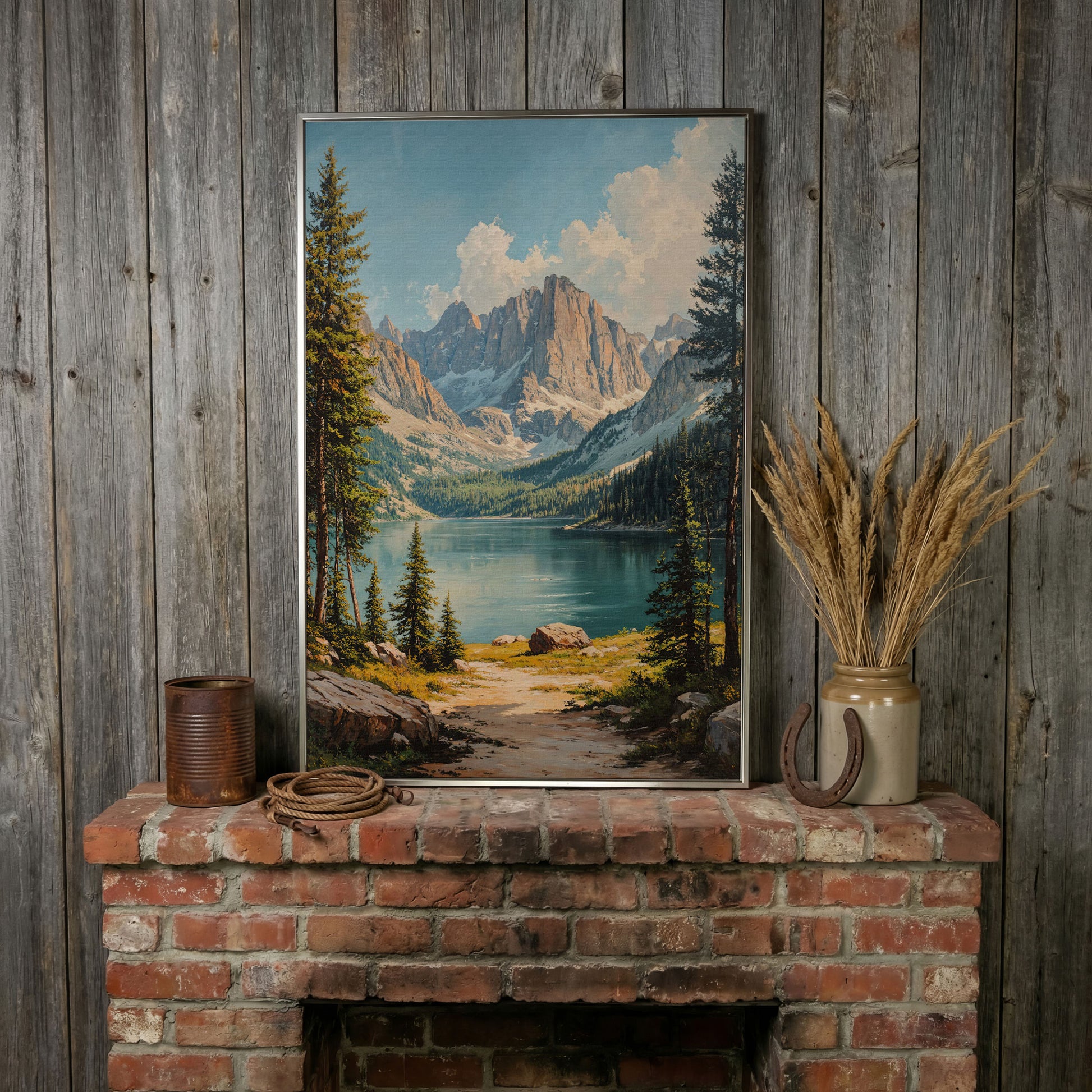 Mountain Lake Canvas with Pine Forest Path in silver floating frame
