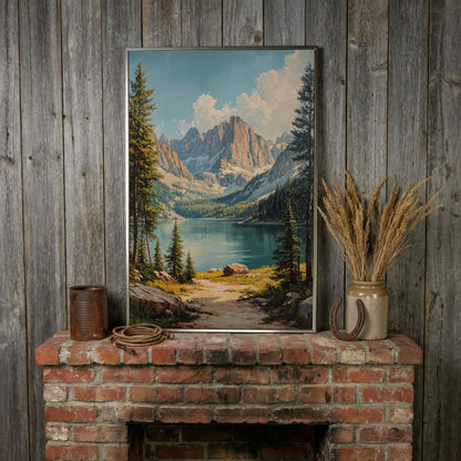 Mountain Lake Canvas with Pine Forest Path in silver floating frame