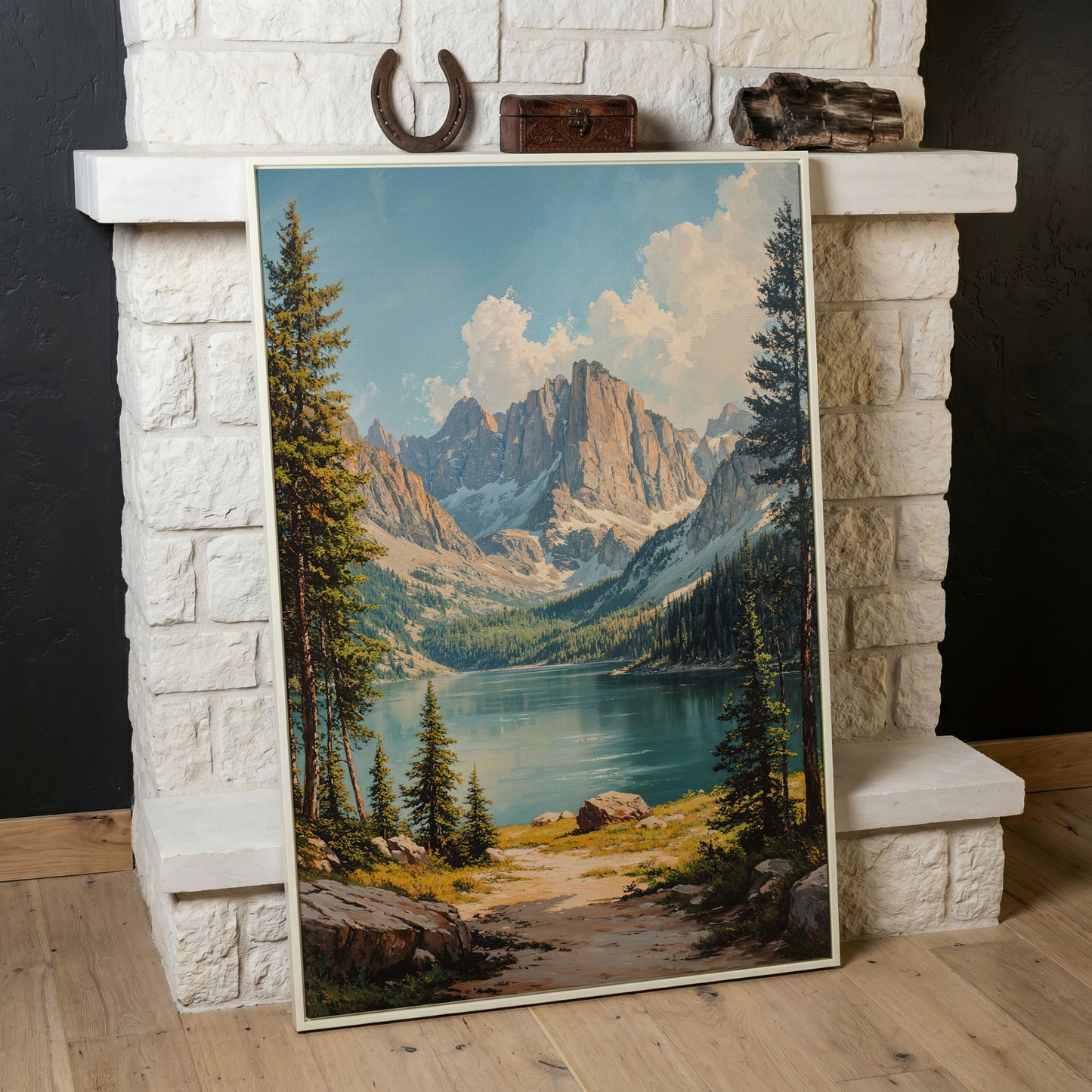 Mountain Lake Canvas with Pine Forest Path in white floating frame