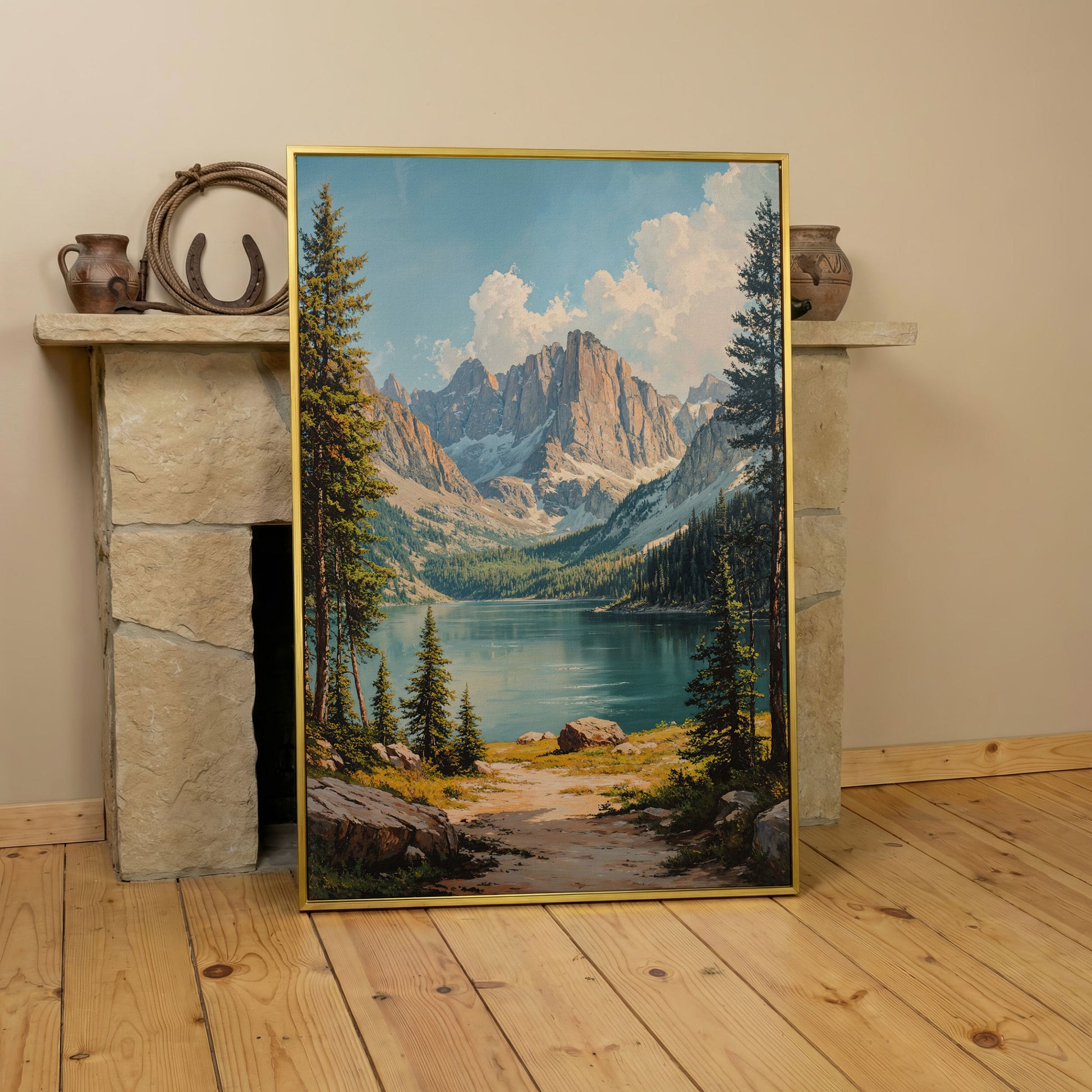 Mountain Lake Canvas with Pine Forest Path in yellow gold floating frame