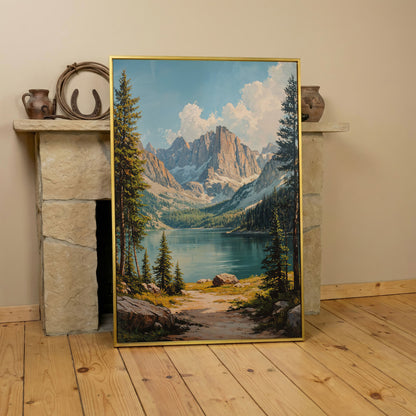 Mountain Lake Canvas with Pine Forest Path in yellow gold floating frame