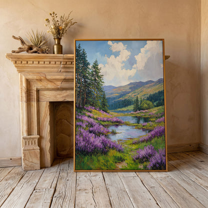 Serene Mountain Landscape Canvas with Wildflower Meadow in antique gold floating frame