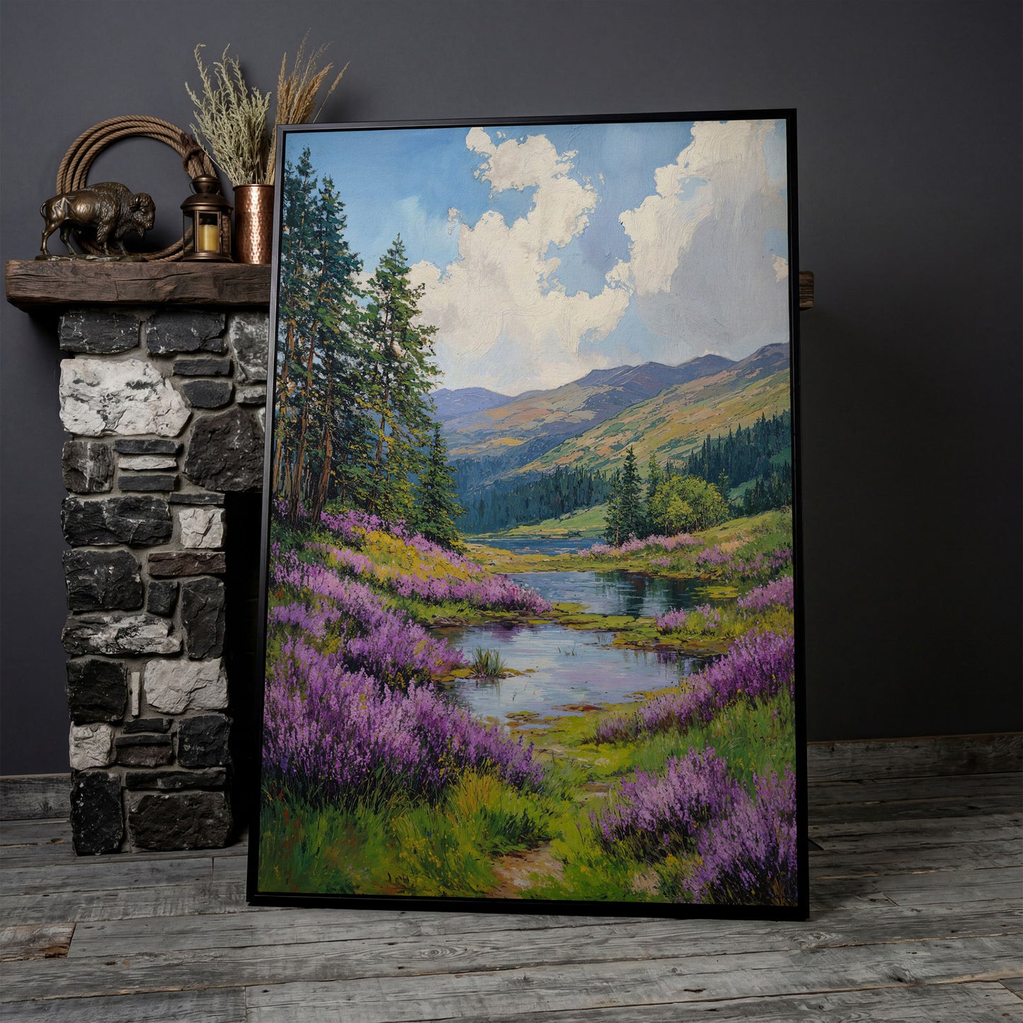 Serene Mountain Landscape Canvas with Wildflower Meadow in black floating frame