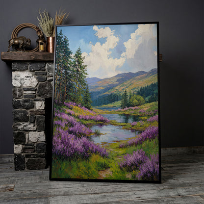 Serene Mountain Landscape Canvas with Wildflower Meadow in black floating frame