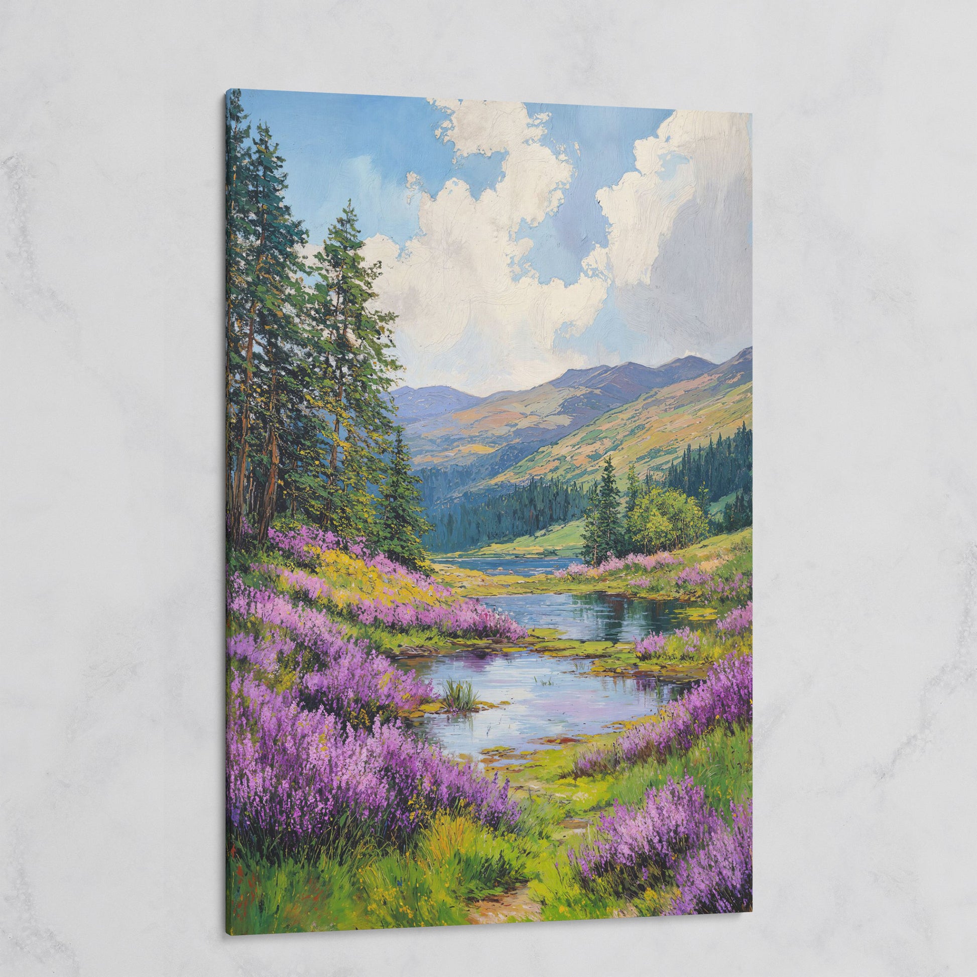 Serene Mountain Landscape Canvas with Wildflower Meadow on gallery wrap