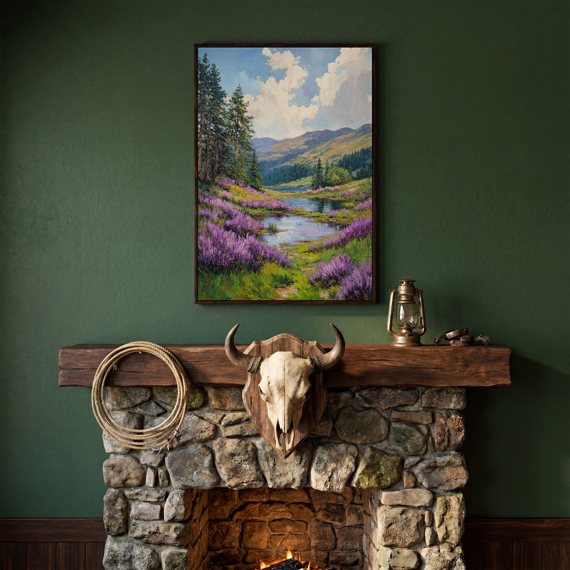 Serene Mountain Landscape Canvas with Wildflower Meadow in dark walnut floating frame