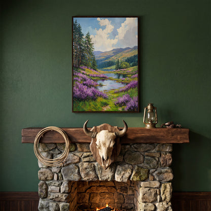 Serene Mountain Landscape Canvas with Wildflower Meadow in dark walnut floating frame